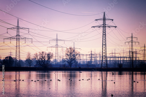 Nature and technology - high voltage power transmission towers above the river Danube with ducks and other birds at morning sunrise.