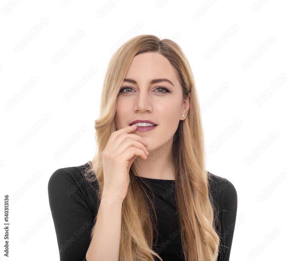Blonde young woman looking sideways in excitement. Blonde young woman looking sideways in excitement.