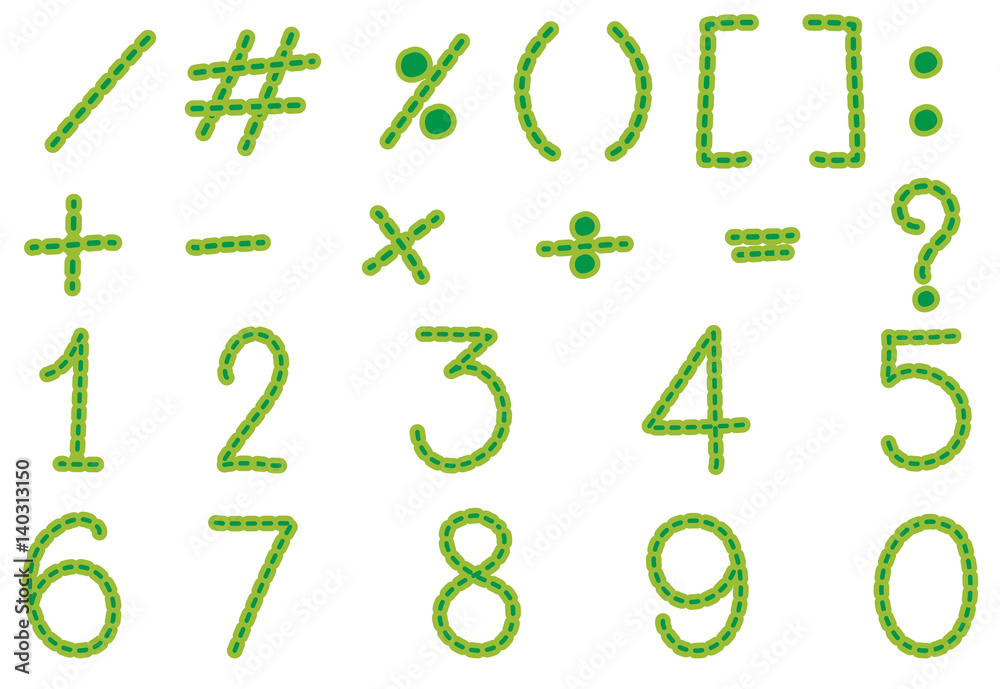 Numbers and signs in green color