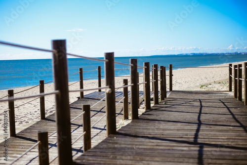 Sunny sky wooden bridge broadwalk beautiful natural outdoor background © aquar