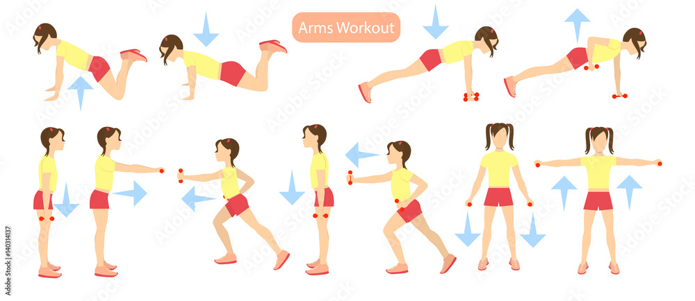 Arms workout set on white background. Exercises for girls. Healthcare for children.