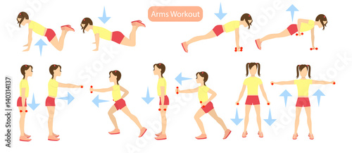 Arms workout set on white background. Exercises for girls. Healthcare for children.