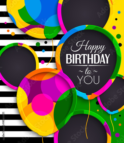 Happy birthday greeting card. Paper balloons with colorful borders. Drops color on background. Vector illustration.