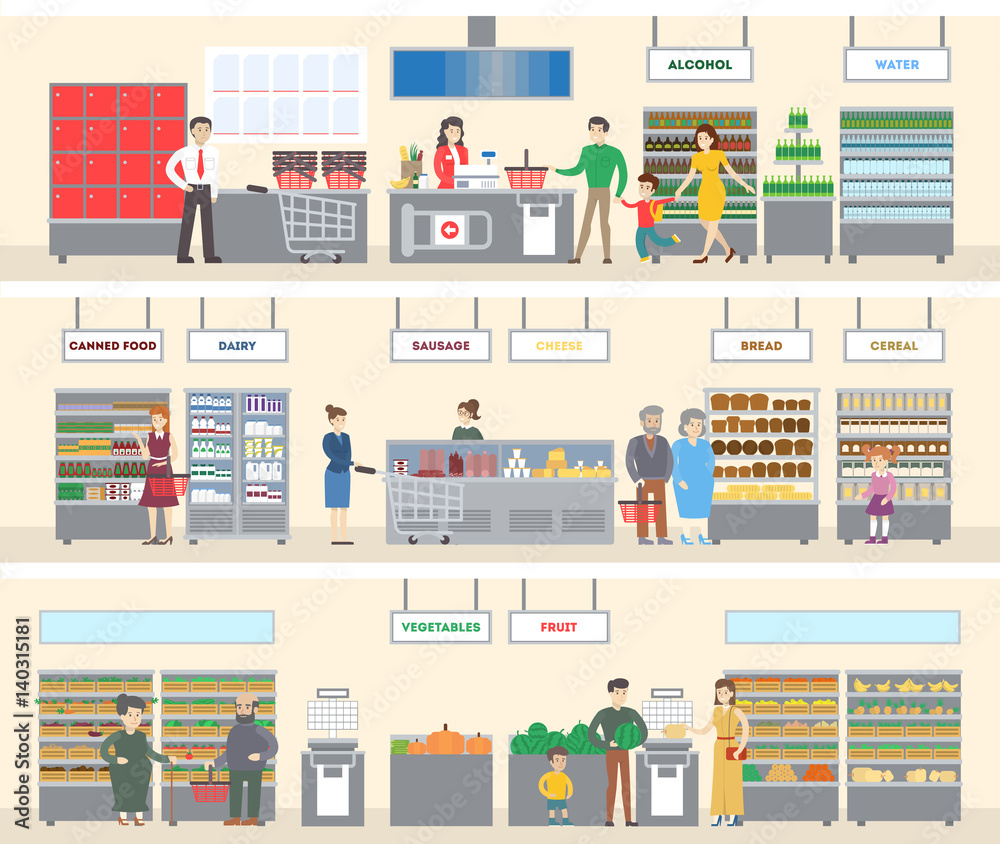Grocery store interior. Men, women and children do shopping for the food and drink. Different departments as dairy, vegetables and alcohol.