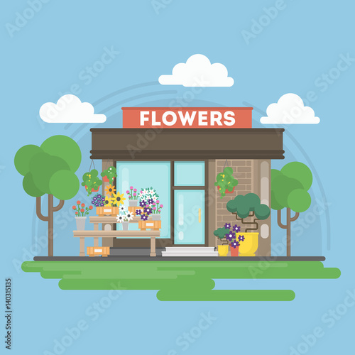 Fototapeta Naklejka Na Ścianę i Meble -  Isolated flowers building. Isolated urban building with sign and storefront. City landscape with clouds and trees.