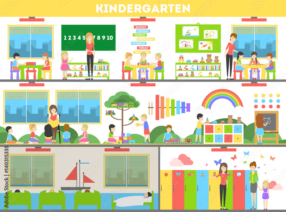 Kindergarten interior set. Preshool for children. Playing and learning.