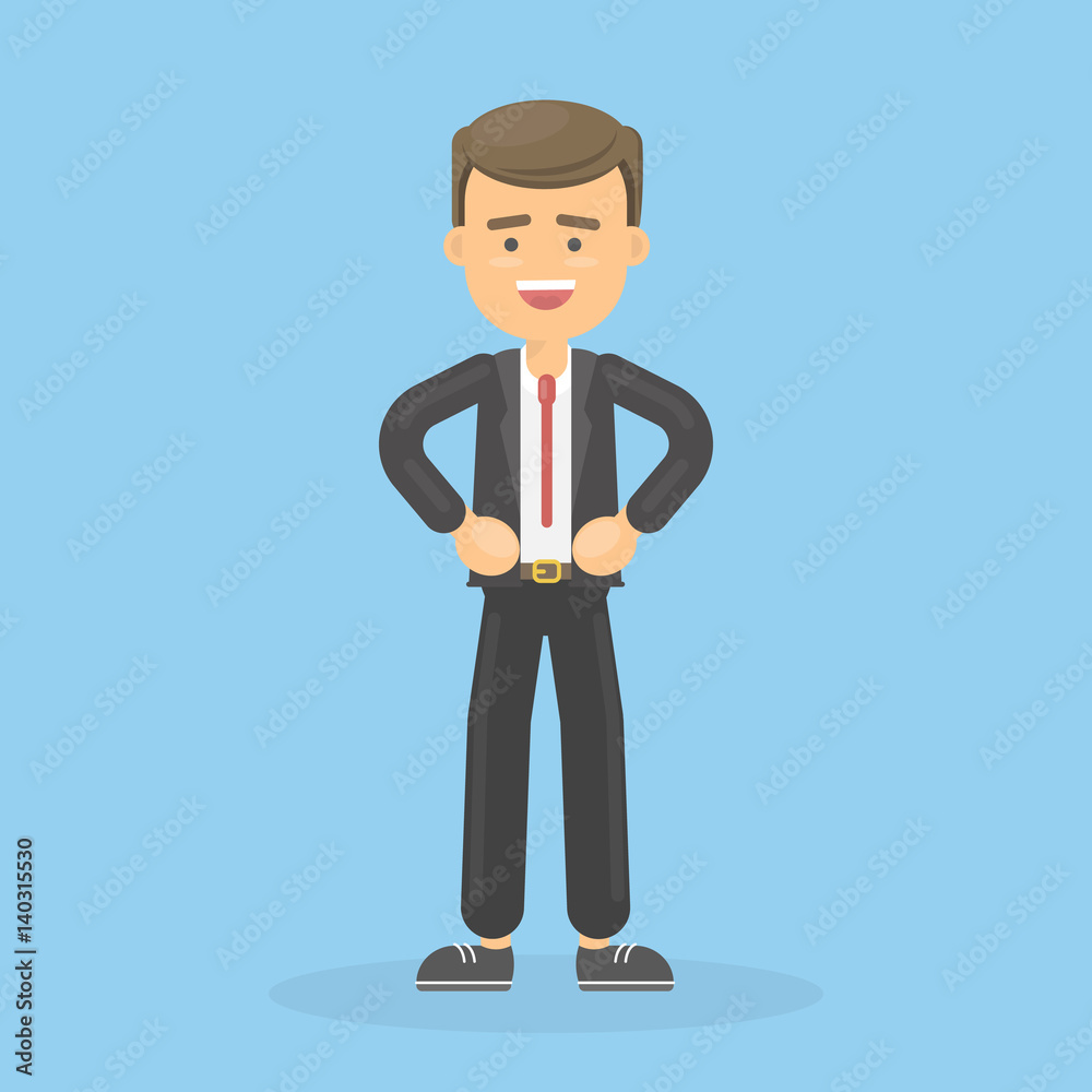 Isolated standing businessman. Funny cartoon character with smile in the suit. Isolated standing businessman. Funny cartoon character with smile in the suit.
