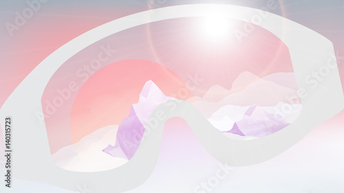Ski Goggles Reflecting the Winter Mountains on Blurred Background - Vector Illustration