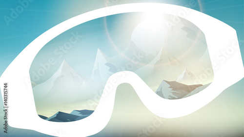 Ski Goggles Reflecting the Winter Mountains on Blurred Background - Vector Illustration