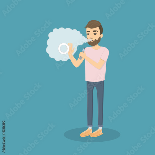 Isolated vaping man. Young man with smoking device.