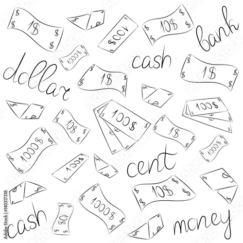 Hand Drawn Banknotes. Doodle Money Rain. Scribble Drawings of Cash. Sketch Style. Vector Illustration.