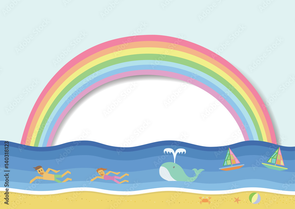 Rainbow cartoon with human swimming in the sea. Colors background with sky and sun white or speech bubble. Concept environmentally friendly for earth day. Rainbow cartoon with human swimming in the sea. Colors background with sky and sun white or speech bubble. Concept environmentally friendly for earth day.