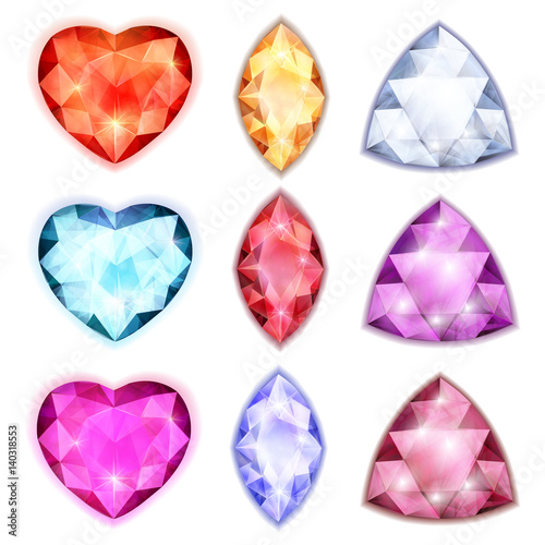 Diamonds with shine of different shapes and colors illustration of a white background