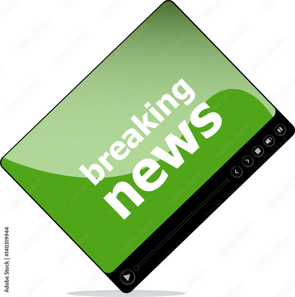 Social media concept: media player interface with breaking news word Social media concept: media player interface with breaking news word