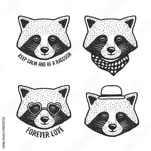 Hand drawn cartoon raccoon head prints set. Vector vintage illustration.
