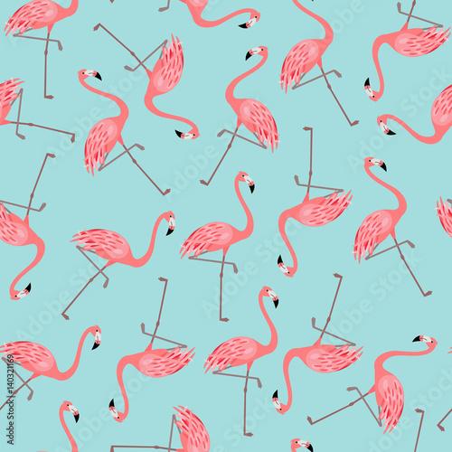 Seamless pattern with flamingo on blue background