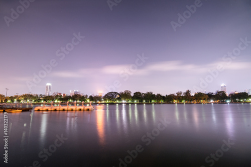 Bangkok city downtown at night with reflection of skyline  Bangkok Thailand