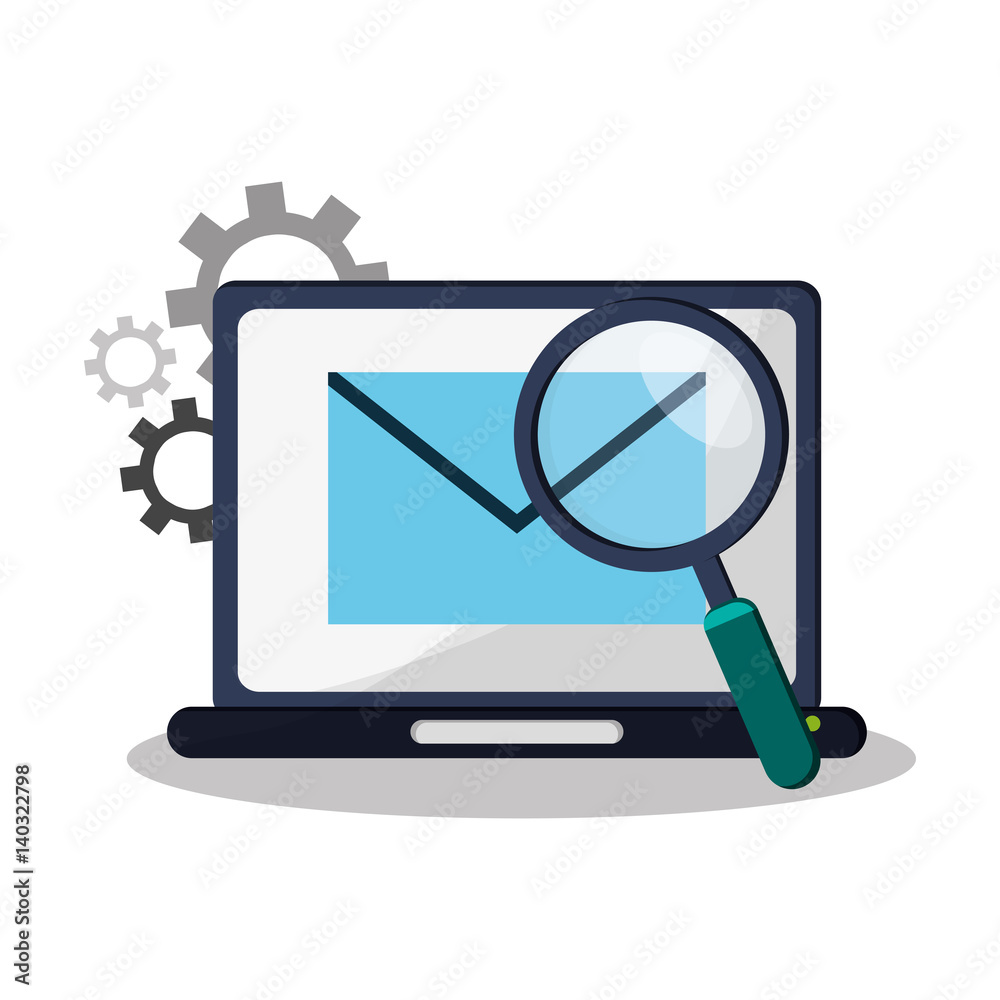 laptop computer with envelope and magnifying glass over white background. colorful design. vector illustration laptop computer with envelope and magnifying glass over white background. colorful design. vector illustration