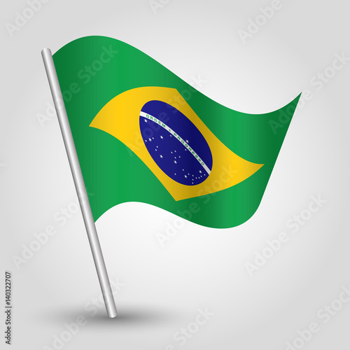 vector waving simple triangle brazilian flag on slanted silver pole - icon of brazil with metal stick