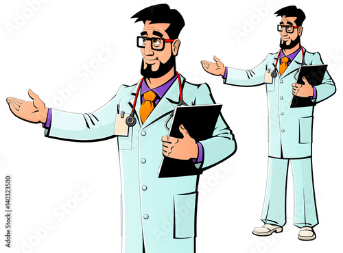 Doctor in dressing gown and with stethoscope.