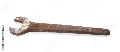 old rusty wrench, isolated on white background