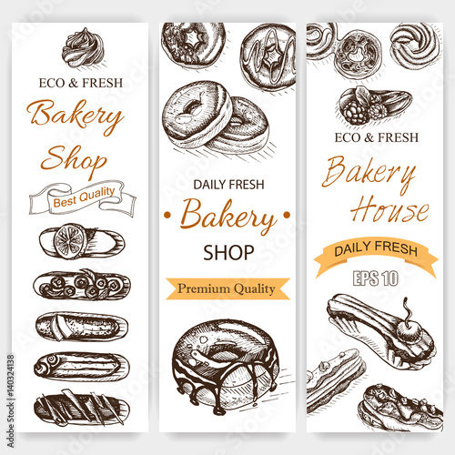 Vector illustration sketch bakery. Vintag card menu bagel, donut, eclair, profiterole.