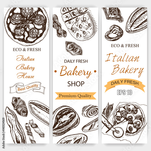 Vector illustration sketch. bread, loaf, baguette, focaccia, pizza. italian bakery house with fresh pastry.