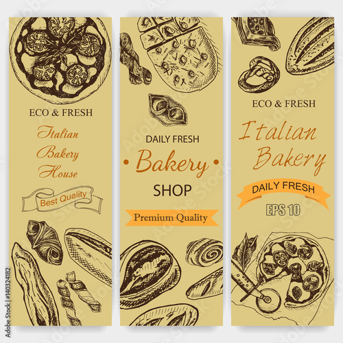 Vector illustration sketch. bread, loaf, baguette, focaccia, pizza. italian bakery house with fresh pastry.