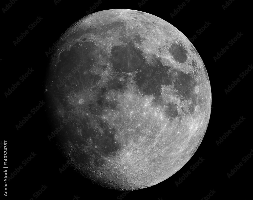 Moon in waxing gibbous phase. Taken by my telescope and cared by me in post production for details and quality. Moon in waxing gibbous phase. Taken by my telescope and cared by me in post production for details and quality.