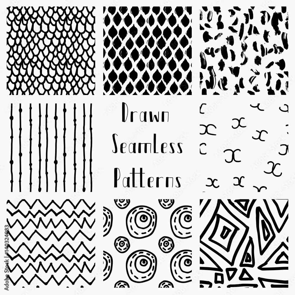 Vector Abstract Hand Drawn Black Seamless Patterns Stock Vector | Adobe ...