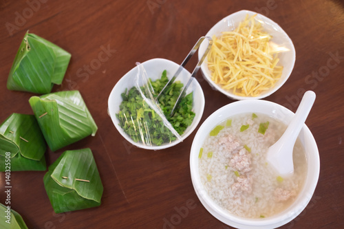 Boiled rice with minced pork on bowl