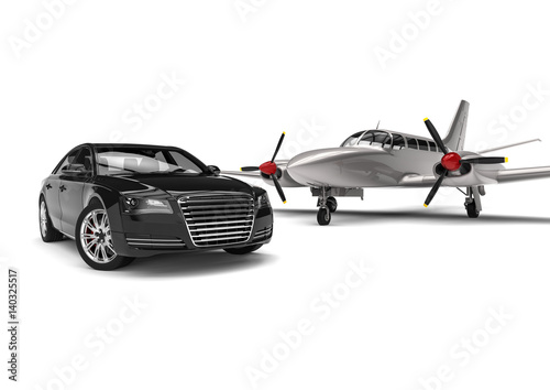 Private plane with a Luxury Car / 3D render image representing an private plane with a luxury car © Mlke