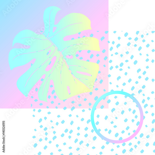 Abstract creative background. Geometric shapes and monstera leaf. In the style of Vaporwave and Memphis. Neon bright colors. Vector. Yellow, pink and blue.
