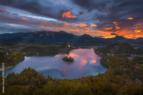 Idyllic dawn on lake Bled from Osojnica viewpoint
