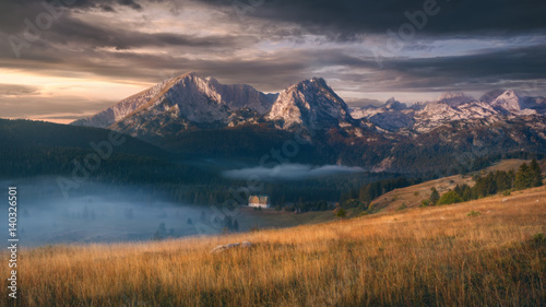 Idyllic misty mountain scenery at dawn
