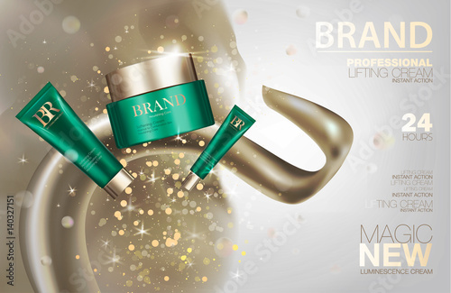 Cosmetic cream package set. Green containers with golden caps and glitter. Makeup box ads 3d illustration design