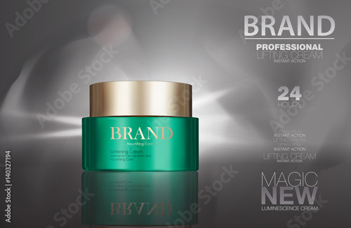 Cosmetic cream package set. Green container on shady gray background. Men's makeup box ads 3d illustration design