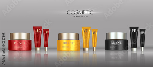 Cosmetic cream package set, attractive blank containers with colorful caps. 3d illustration for makeup promo