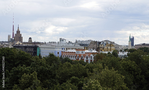 Riga, panorama towards the old town. TV Tower, Academy of Sciences, Railway Station, University, Art Nouveau.