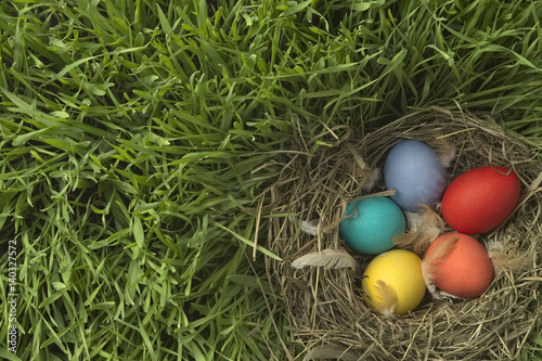 nest with Easter eggs on a grass