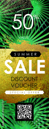 Floral flayer, discount voucher, gift sertificate vector template. Trendy summer illustration. Tropical palm leaves and glittering gold texture.