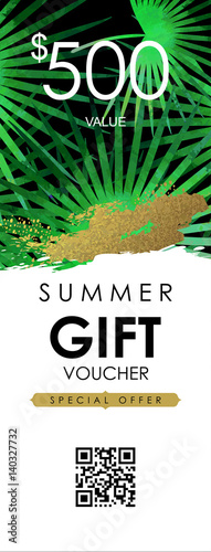 Floral flayer, discount voucher, gift sertificate vector template. Trendy summer illustration. Tropical palm leaves and glittering gold texture.
