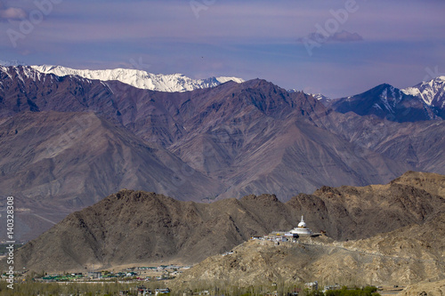 View of Leh city, the capital of Ladakh, Northern India. Leh city is located in the Indian Himalayas at an altitude of 3500 meters. photo