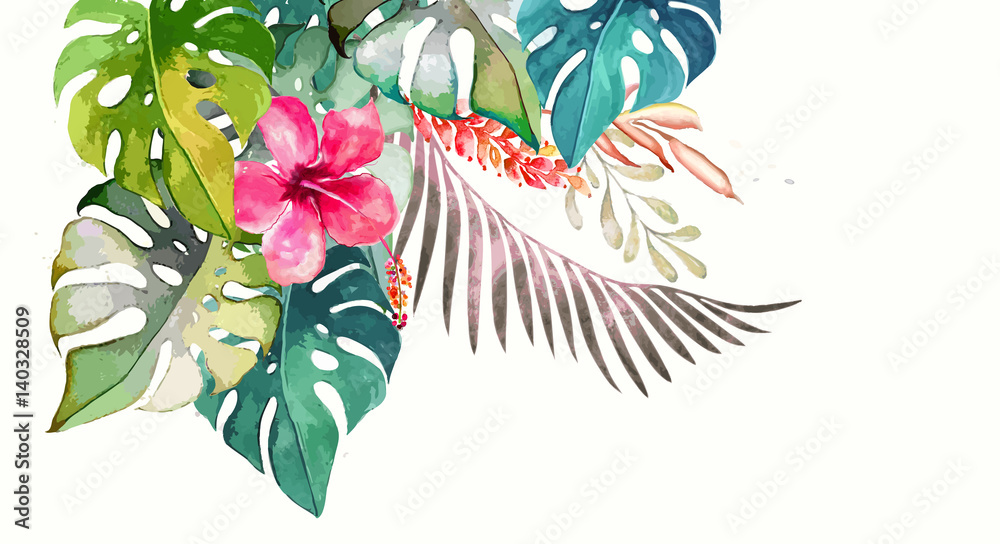 Hand drawn watercolor tropical plants - obrazy, fototapety, plakaty 