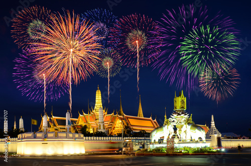 Colorful fireworks celebration and the twilight sky background at the grand palace, Thailand.