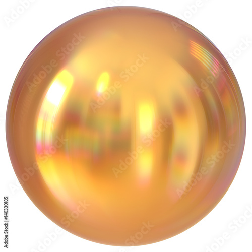 Golden sphere round button ball basic yellow circle geometric shape solid figure simple minimalistic atom element single drop shiny glossy sparkling object blank balloon icon. 3d render illustration