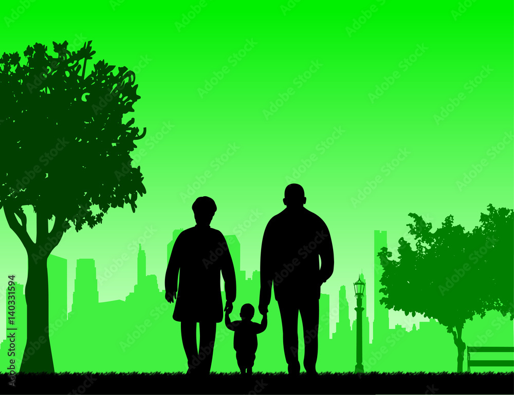 Grandmother and grandfather walking with grandchild in park, one in the series of similar images silhouette Grandmother and grandfather walking with grandchild in park, one in the series of similar images silhouette