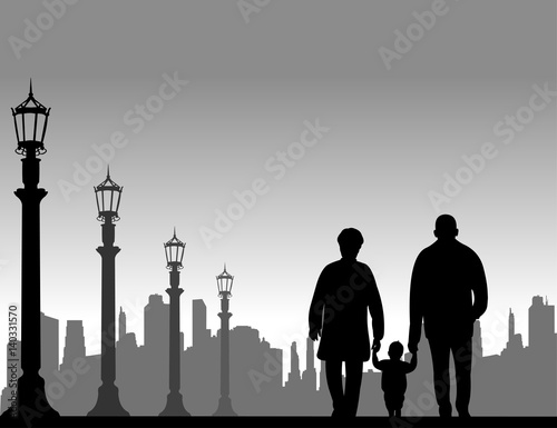 Grandmother and grandfather walking with grandchild on the street, one in the series of similar images silhouette