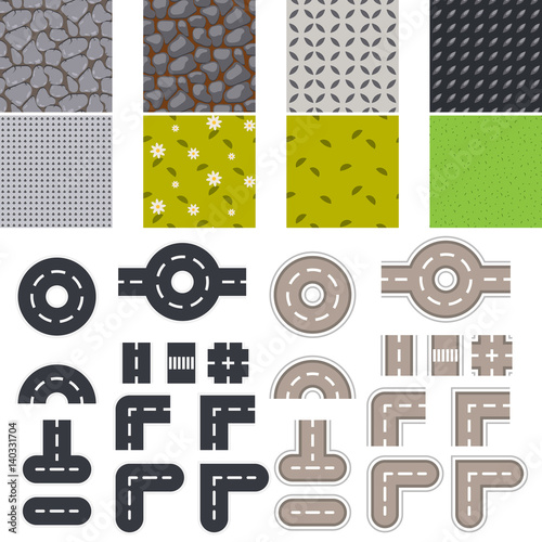 Landscape seamless tiles and road vector set.