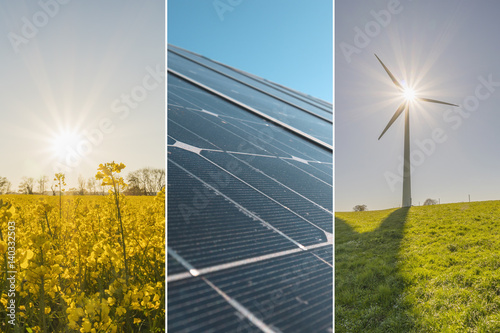 Natürliche Energie durch nachhaltige Produktion mit natürlichen Ressourcen - Windenergie, Solarkraft und Rapsfeld